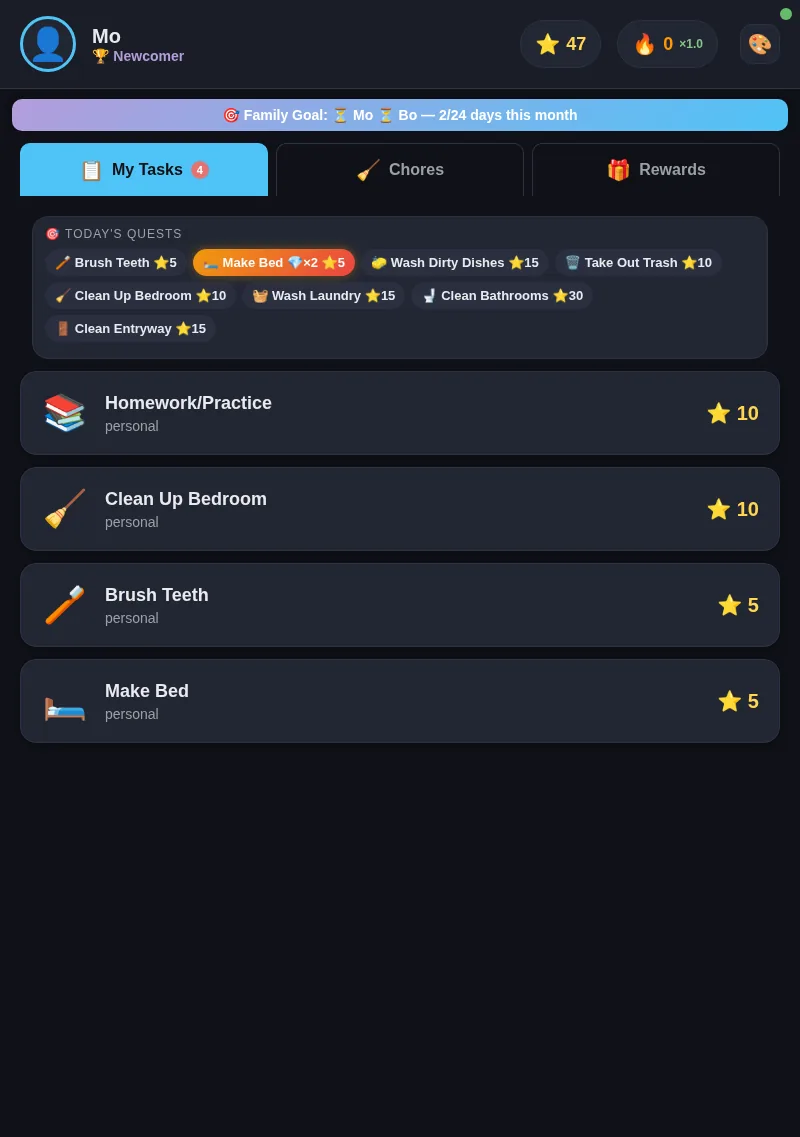 Mo’s dashboard: today’s quests with the daily bonus quest (2× points) highlighted, plus the family goal bar and live point balance.